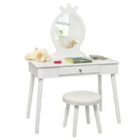 HOGEBABY Kids Vanity Set, Wooden Princess Makeup Table with Cushioned Stool, Large Drawer (White)