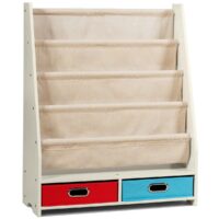 HOGEBABY Kids Bookshelf, Wooden 4 Sling Book Shelves with 2 Pull-Out Toy Storage Boxes