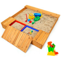 HOGEBABY Kids Sandbox, 49 x 47in Cedar Wood Sand Pit w/Bench Seats & 2 Built-in Storage Boxes