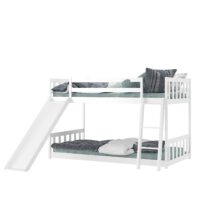 HOGEBABY Twin Over Twin Bunk Bed, Wooden Low Bunk Bed with Slide & Ladder, Floor Loft Bed Frame