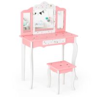 HOGEBABY Kids Vanity Set with Mirror, 2 in 1 Princess Makeup Dressing Table w/Detachable Top