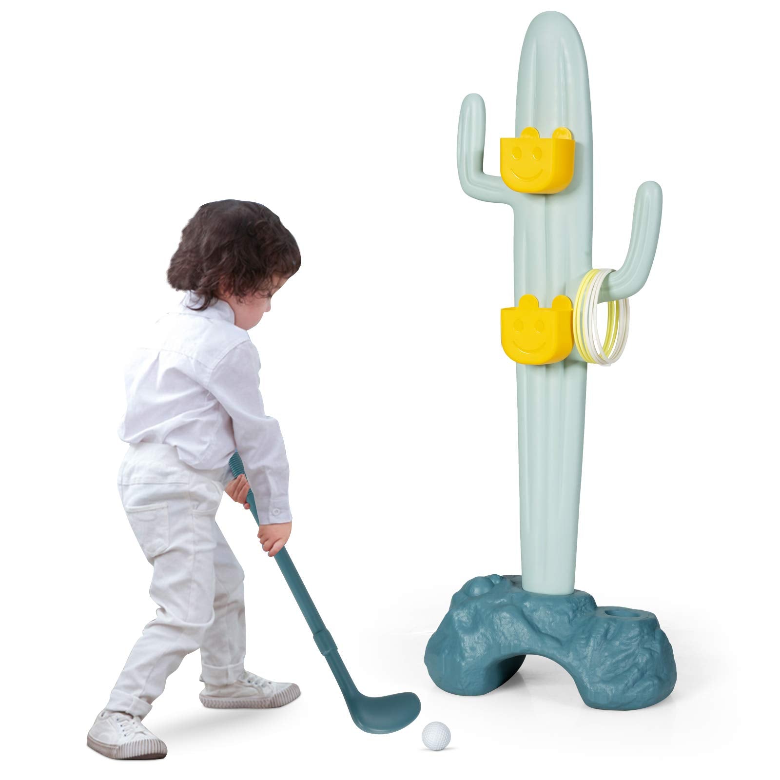 HOGEBABY 3-in-1 Toddler Basketball Hoop & Golf Stand, Basketball Stand with Ring-Toss & Sandbag-Toss & Golf Ball