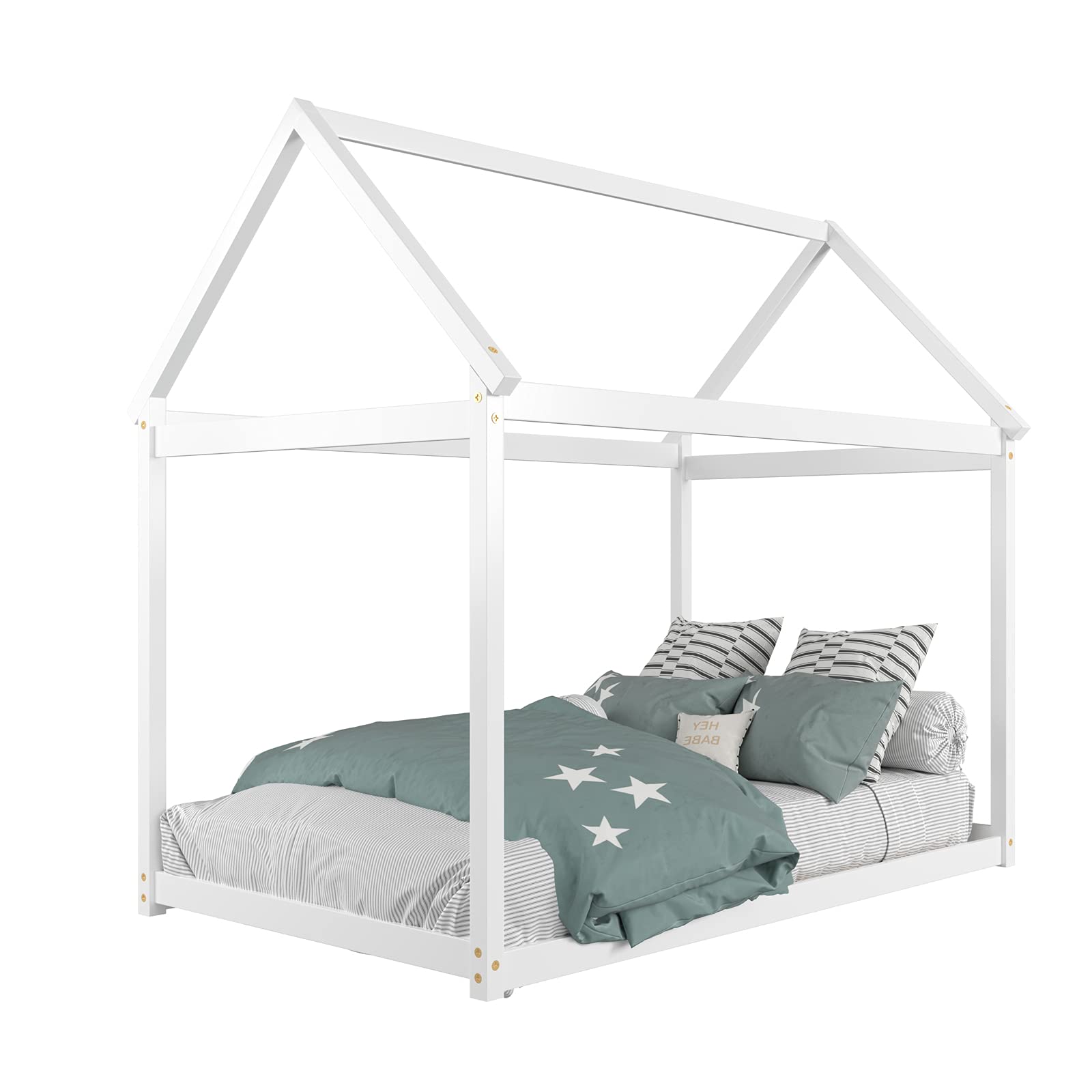 HOGEBABY Twin House Bed Frame, Stable Kids Platform Floor Bed w/Roof & Heavy-Duty Slats