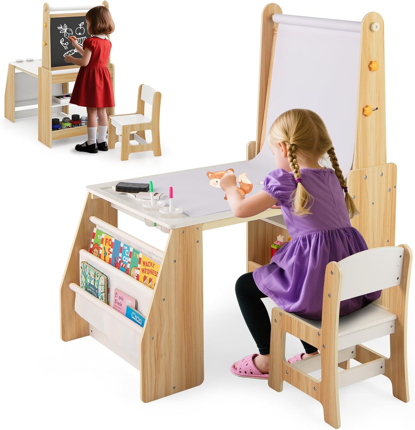 HOGEBABY Kids Art Table and Chair Set 4 in 1 Wooden Easel Activity Desk Set - Image 11