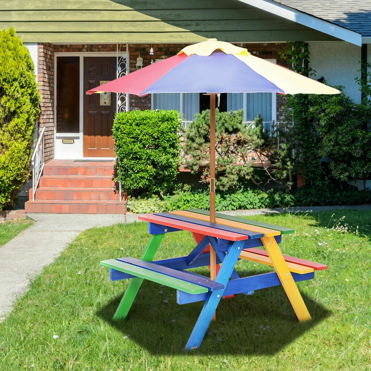 HOGEBABY Kids Picnic Table Set, Wood Table and Bench Set with Removable & Foldable Umbrella, Kids Patio Furniture for Outdoors - Image 2