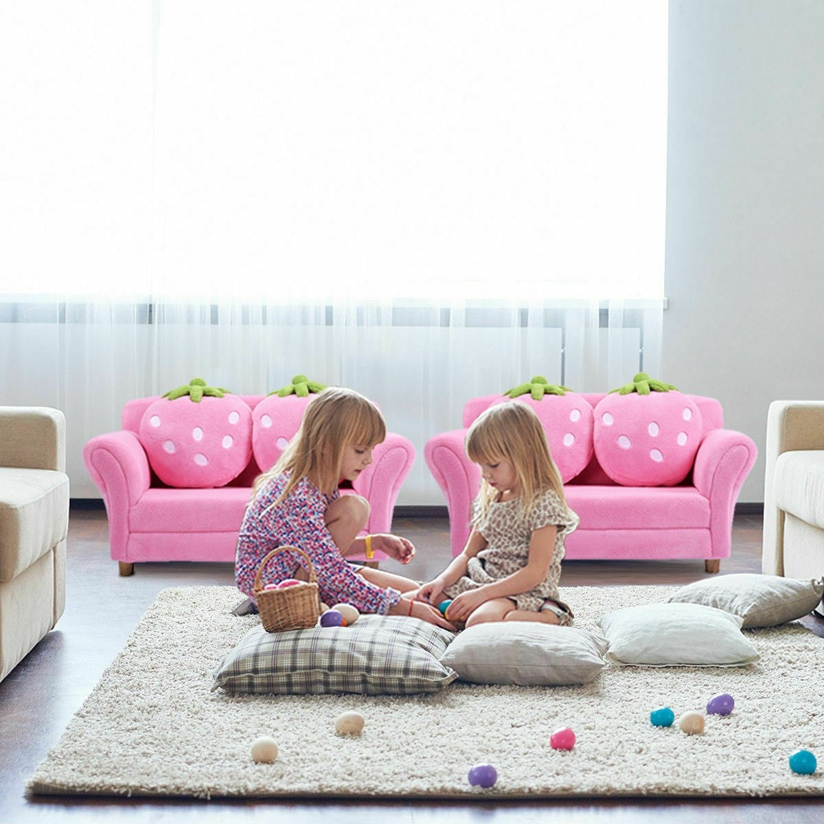 HOGEBABY Kids Sofa, with 2 Cute Strawberry Pillows, Children Couch Armrest Chair Double Seats - Image 3