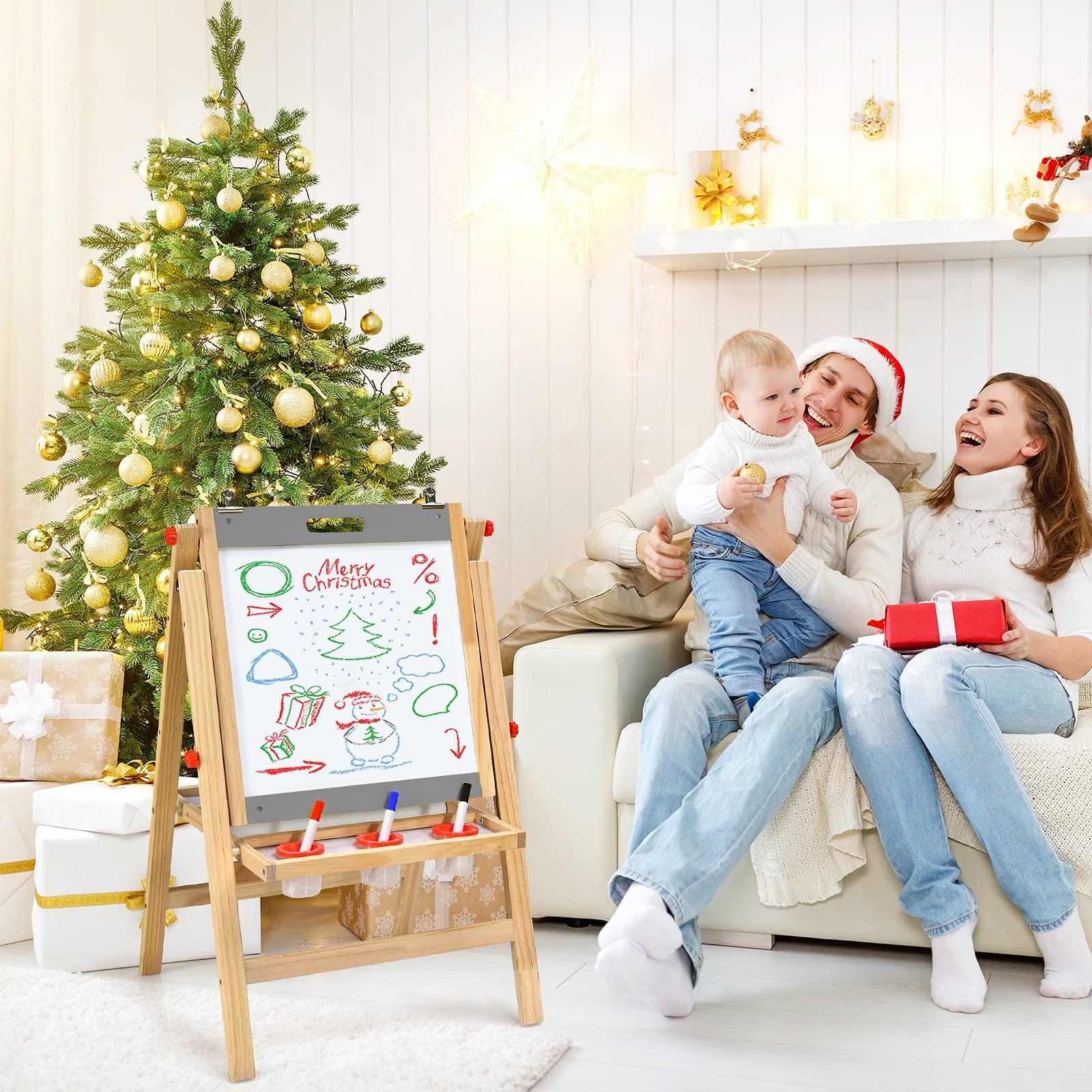HOGEBABY Art Easel for Kids, 3-in-1 Wooden Folding Toddler Easel Magnetic w/Paper Roll & Storage Tray (Nature) - Image 2