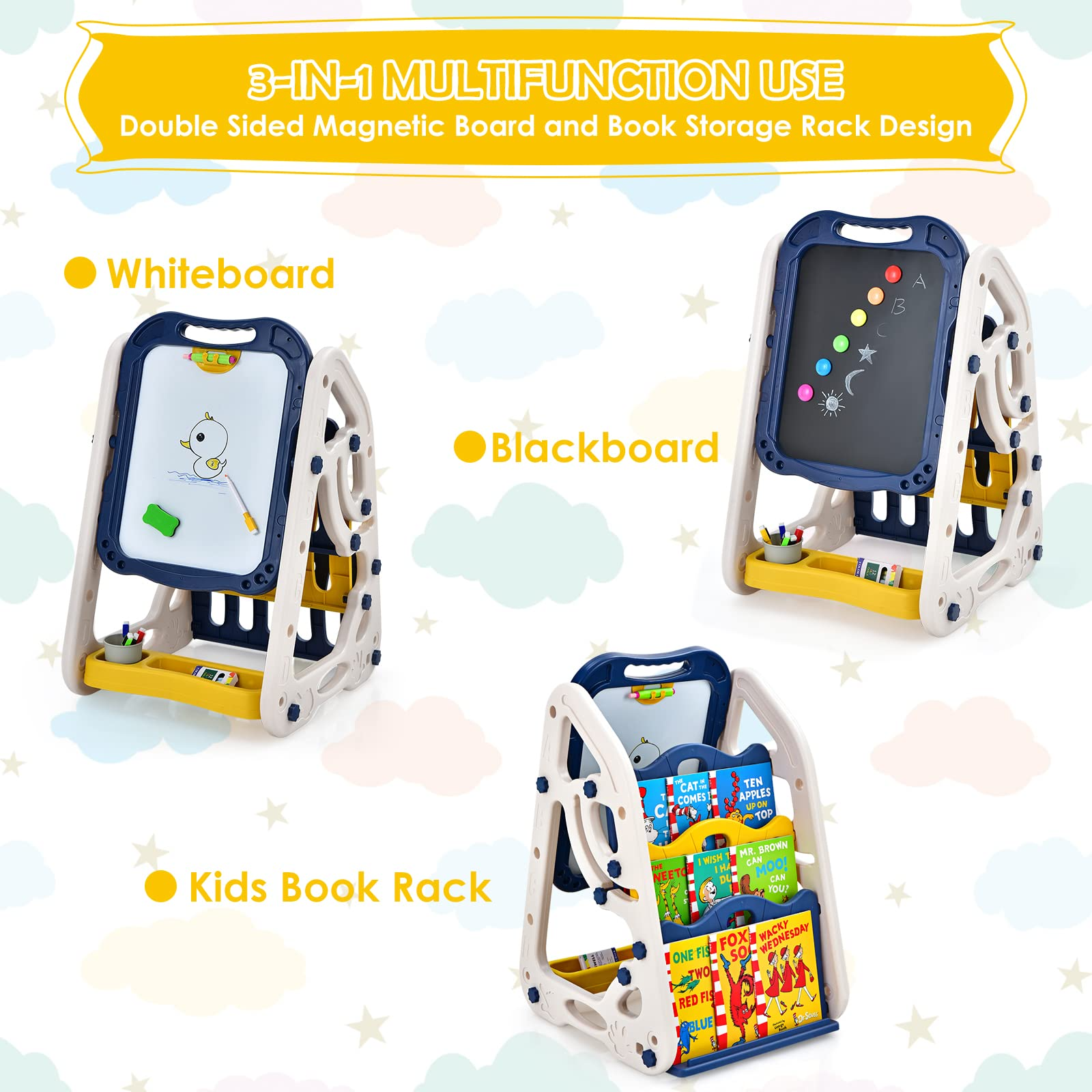 HOGEBABY 3 in 1 Art Easel for Kids, Double Sided Magnetic Whiteboard & Chalkboard w/ Book Rack - Image 2