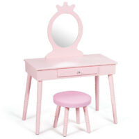 HOGEBABY Kids Vanity Set, Wooden Princess Makeup Table with Cushioned Stool, Pretend Beauty Make Up Dressing Play Set