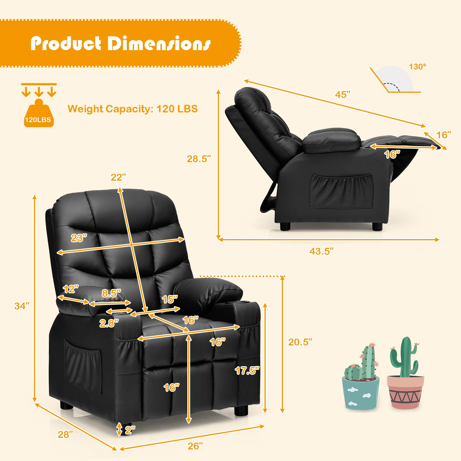 HOGEBABY Kids Recliner Chair with Cup Holder, Adjustable Leather Lounge Chair w/Footrest & Side Pockets for Children - Image 3