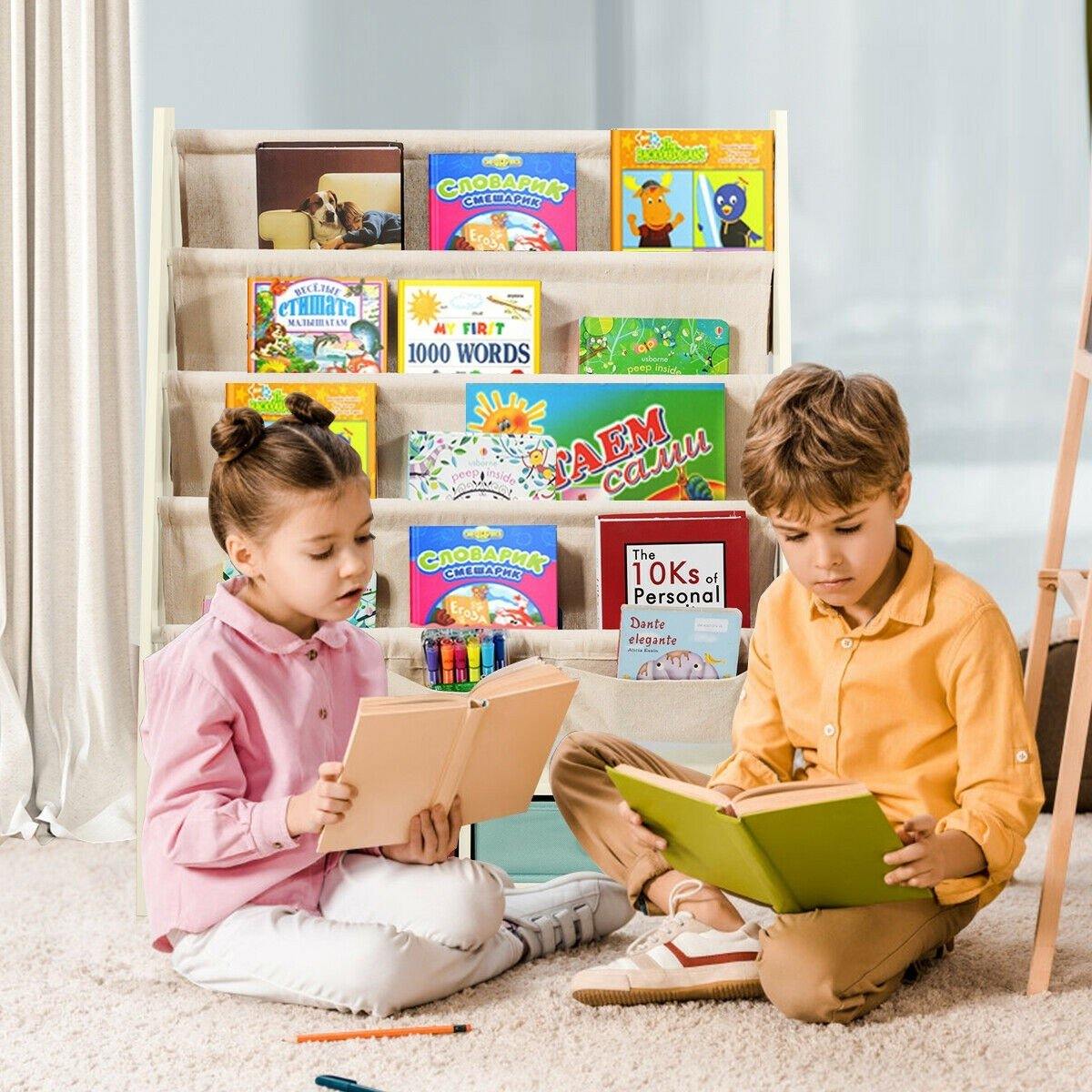 HOGEBABY Kids Bookshelf, Wooden 4 Sling Book Shelves with 2 Pull-Out Toy Storage Boxes - Image 3
