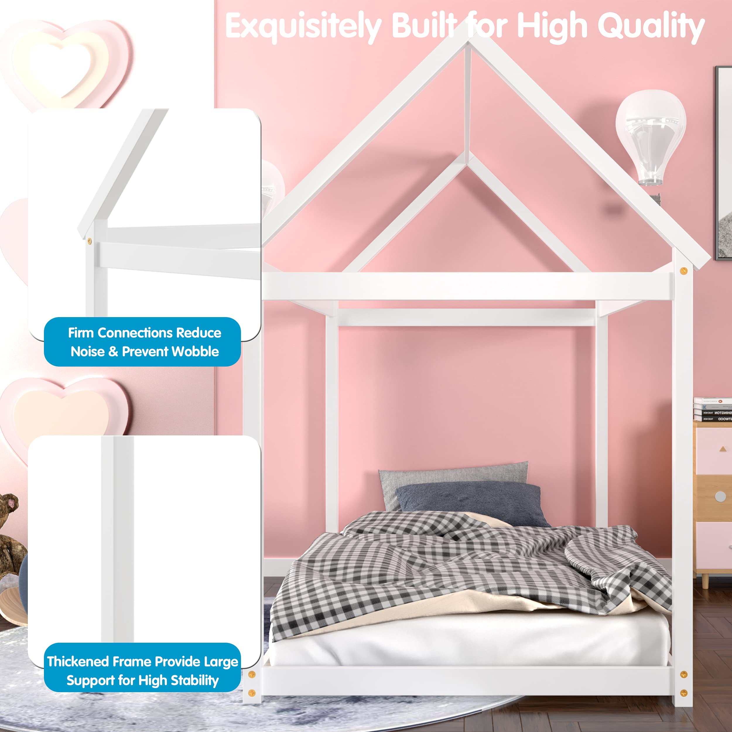 HOGEBABY Twin House Bed Frame, Stable Kids Platform Floor Bed w/Roof & Heavy-Duty Slats - Image 3
