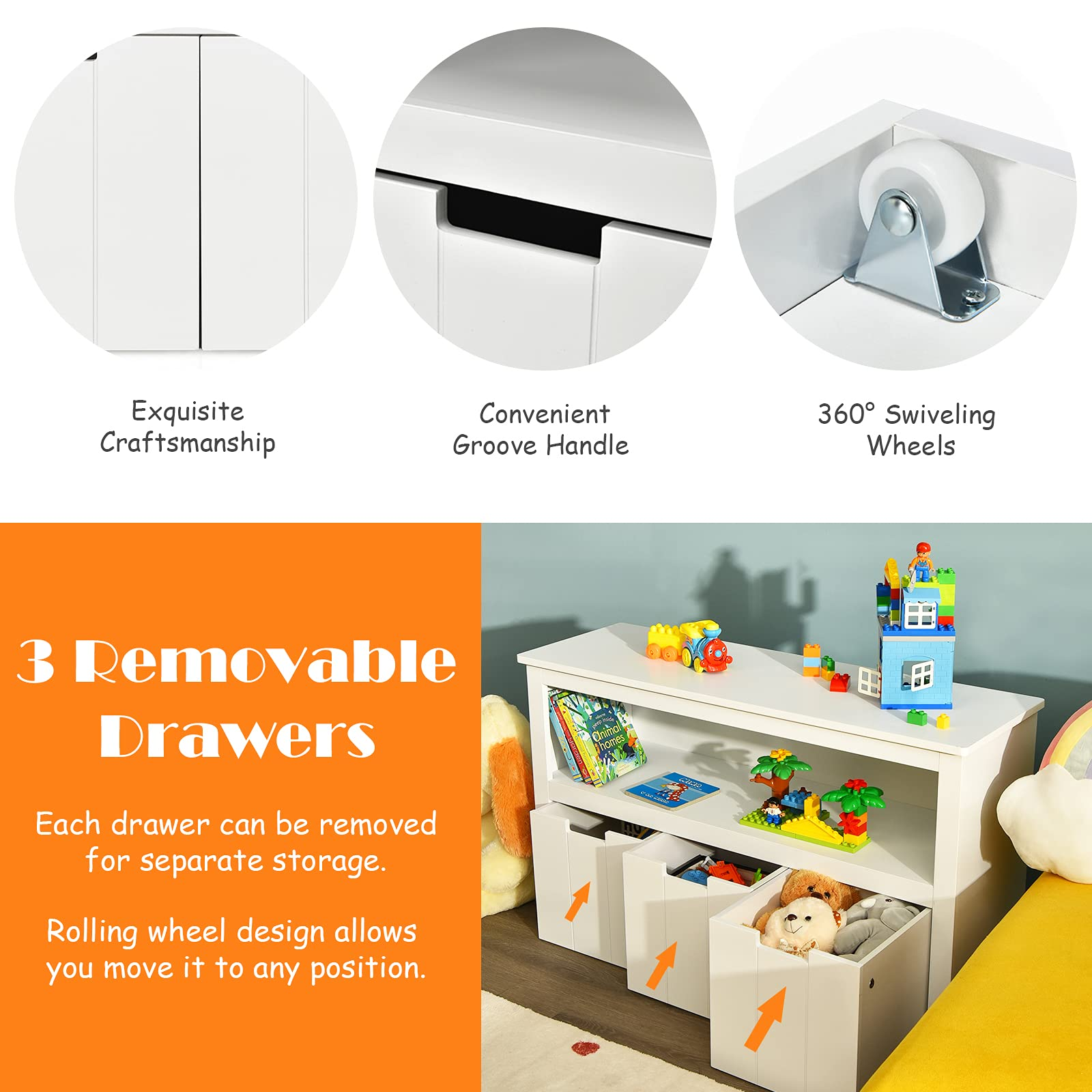 HOGEBABY Toy Storage Organizer, Wooden Toy Bin Chest with 3 Removable Drawers - Image 5