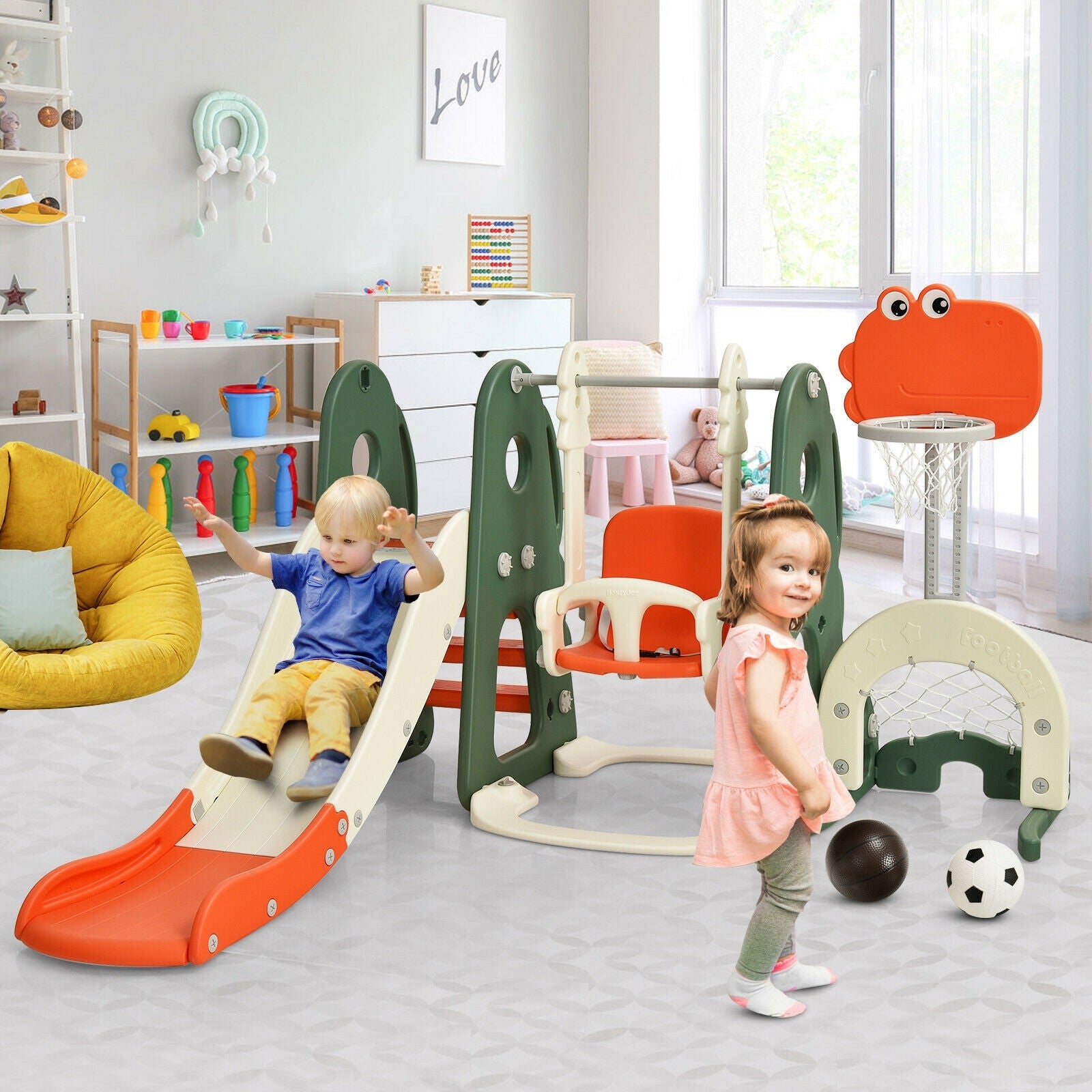 HOGEBABY 6 in 1 Toddler Slide and Swing Set, Kids Climber Slide Playset with Basketball Hoop - Image 5