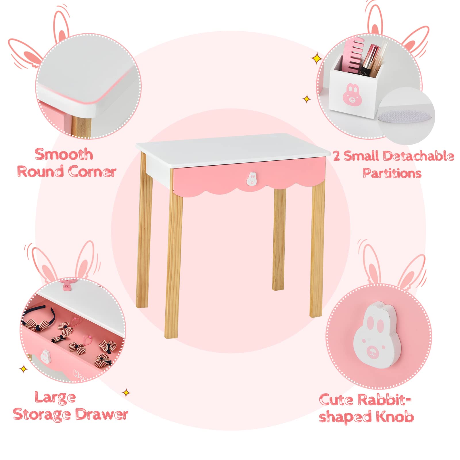 HOGEBABY Kids Vanity Set with Mirror, 2 in 1 Princess Makeup Dressing Table w/ Detachable Top - Image 4