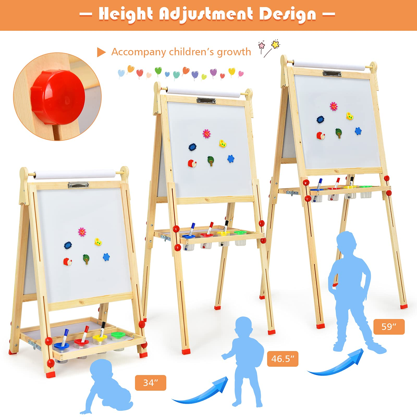 HOGEBABY Kids Art Easel, Wooden Double-Sided Chalkboard Whiteboard w/Paper Roll (Nature) - Image 4