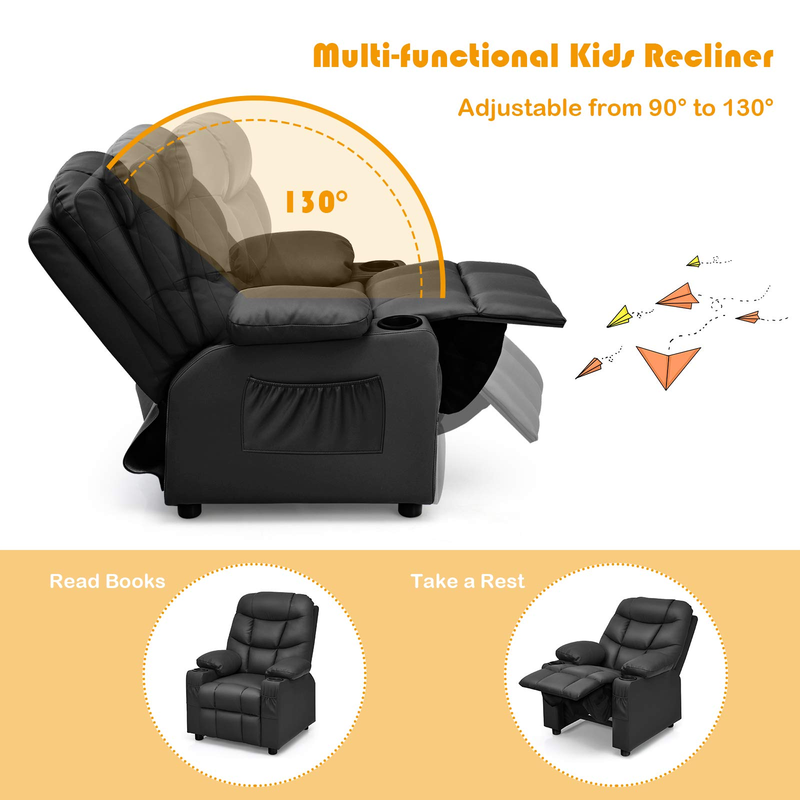 HOGEBABY Kids Recliner Chair with Cup Holder, Adjustable Leather Lounge Chair w/Footrest & Side Pockets for Children - Image 7