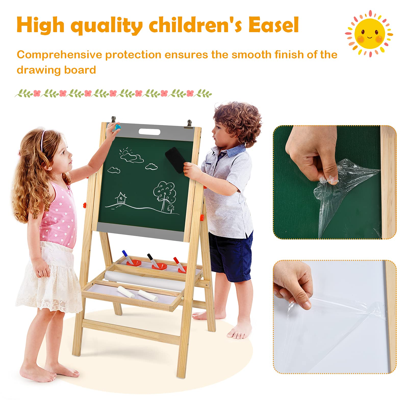 HOGEBABY Art Easel for Kids, 3-in-1 Wooden Folding Toddler Easel Magnetic w/Paper Roll & Storage Tray (Nature) - Image 5