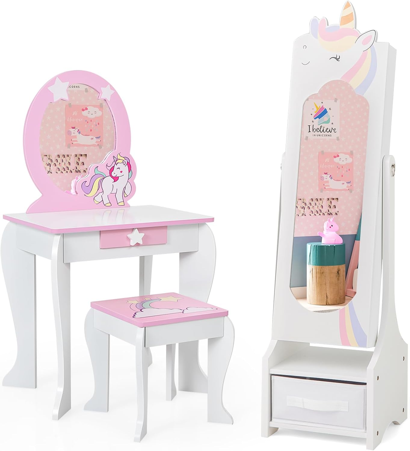 HOGEBABY Kids Vanity & Jewelry Armoire Cabinet, Pretend Play Kids Vanity Table and Chair Set - Image 10