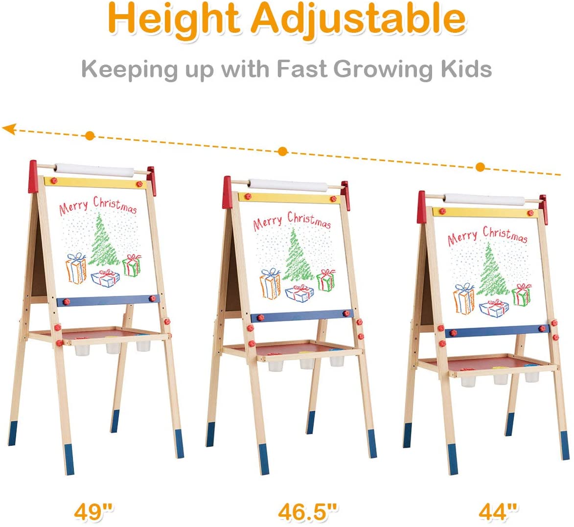 HOGEBABY 3 in 1 Kids Art Easel with Paper Roll, Double Sided Adjustable Chalkboard & White Dry Erase with 4 Drawing Board Clips - Image 3