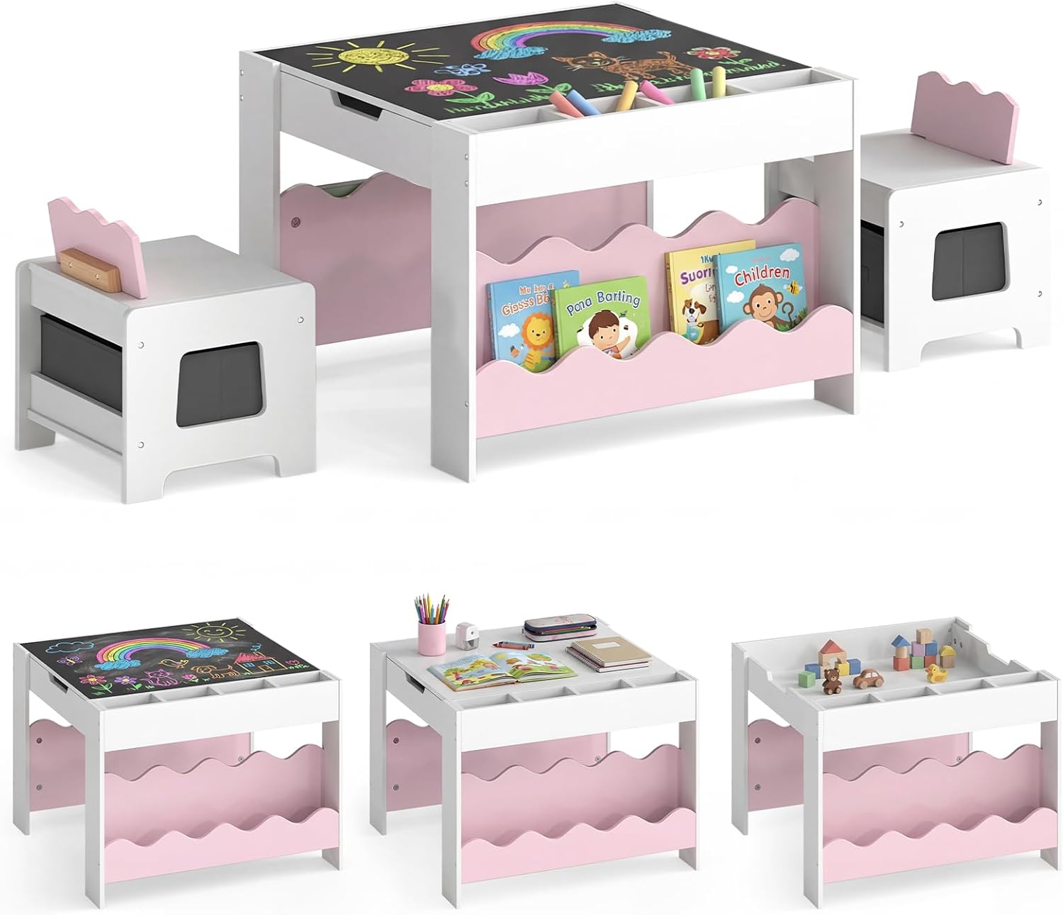 HOGEBABY Kids Table and Chairs | Wooden 4-in-1 Activity Desk Set w/Double-Sided Tabletop - Image 4