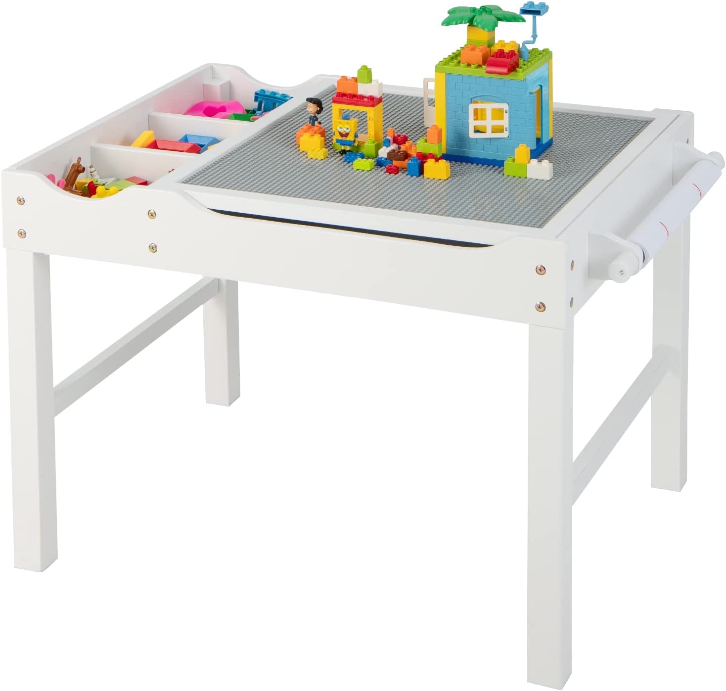 HOGEBABY Kids Table, 3 in 1 Wood Building Block Desk w/Storage, Paper Roll - Image 10