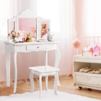 HOGEBABY Kids Wooden Vanity Table & Stool Set, 2 in 1 Detachable Design with Dressing Table and Writing Desk