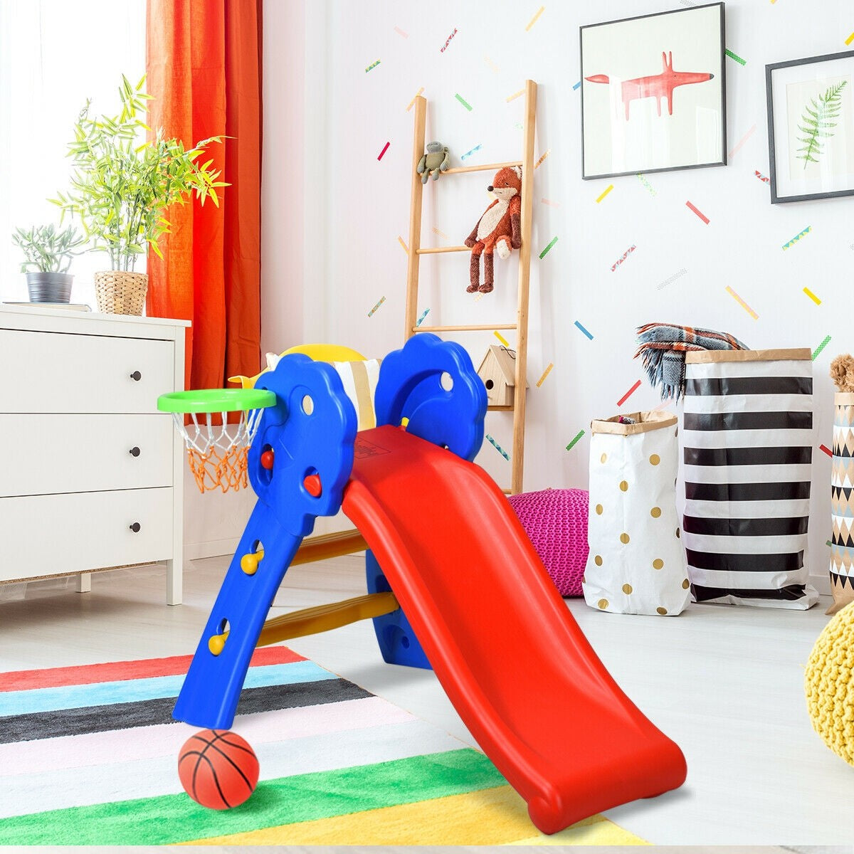 HOGEBABY Baby Joy Folding Slide, Indoor First Slide Plastic Play Slide Climber Kids (Floral Rail +Basketball Hoop) - Image 4