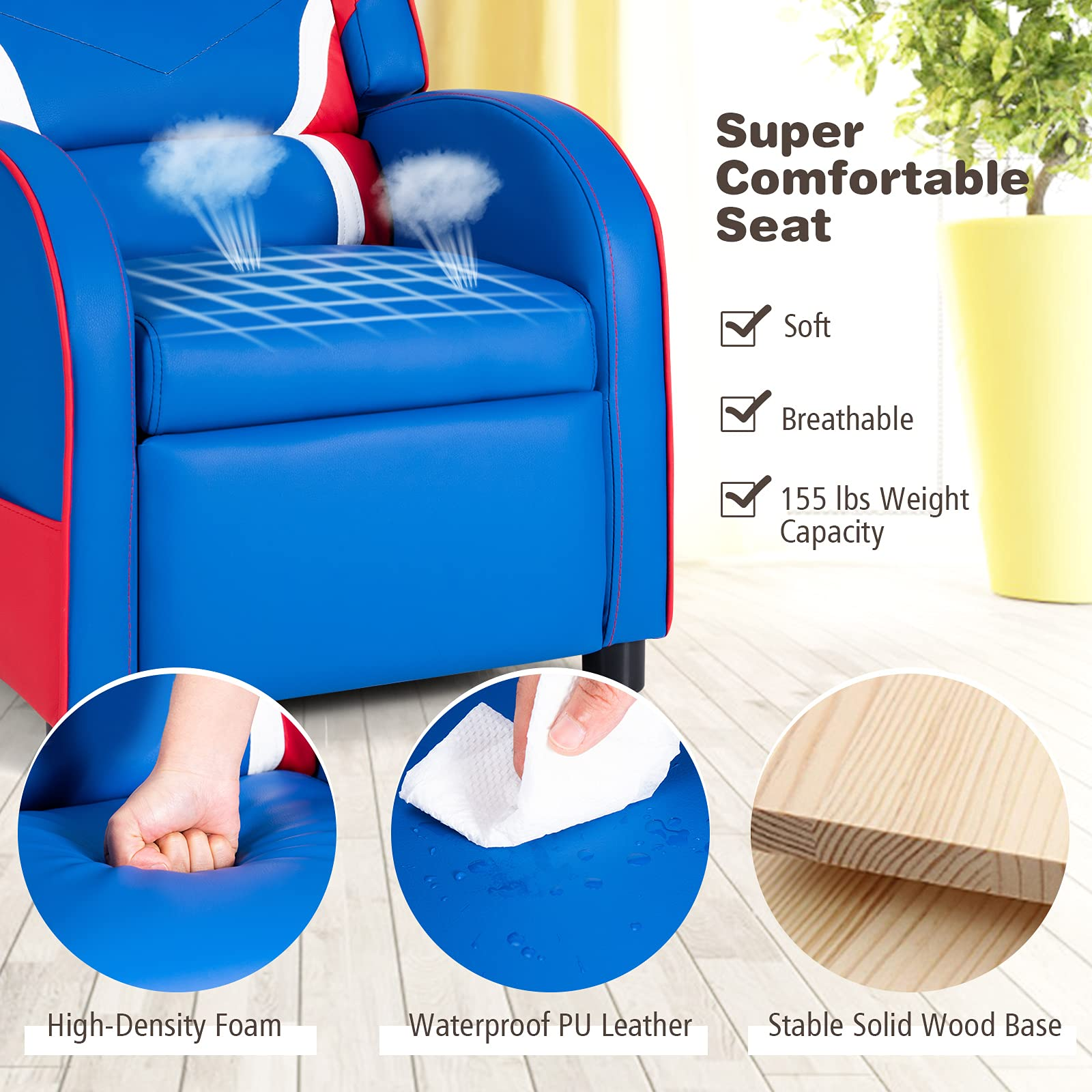 HOGEBABY Kids Recliner, Gaming Recliner Chair, Ergonomic Leather Lounge Chair, Adjustable Recliner Sofa for Boys Girls - Image 6