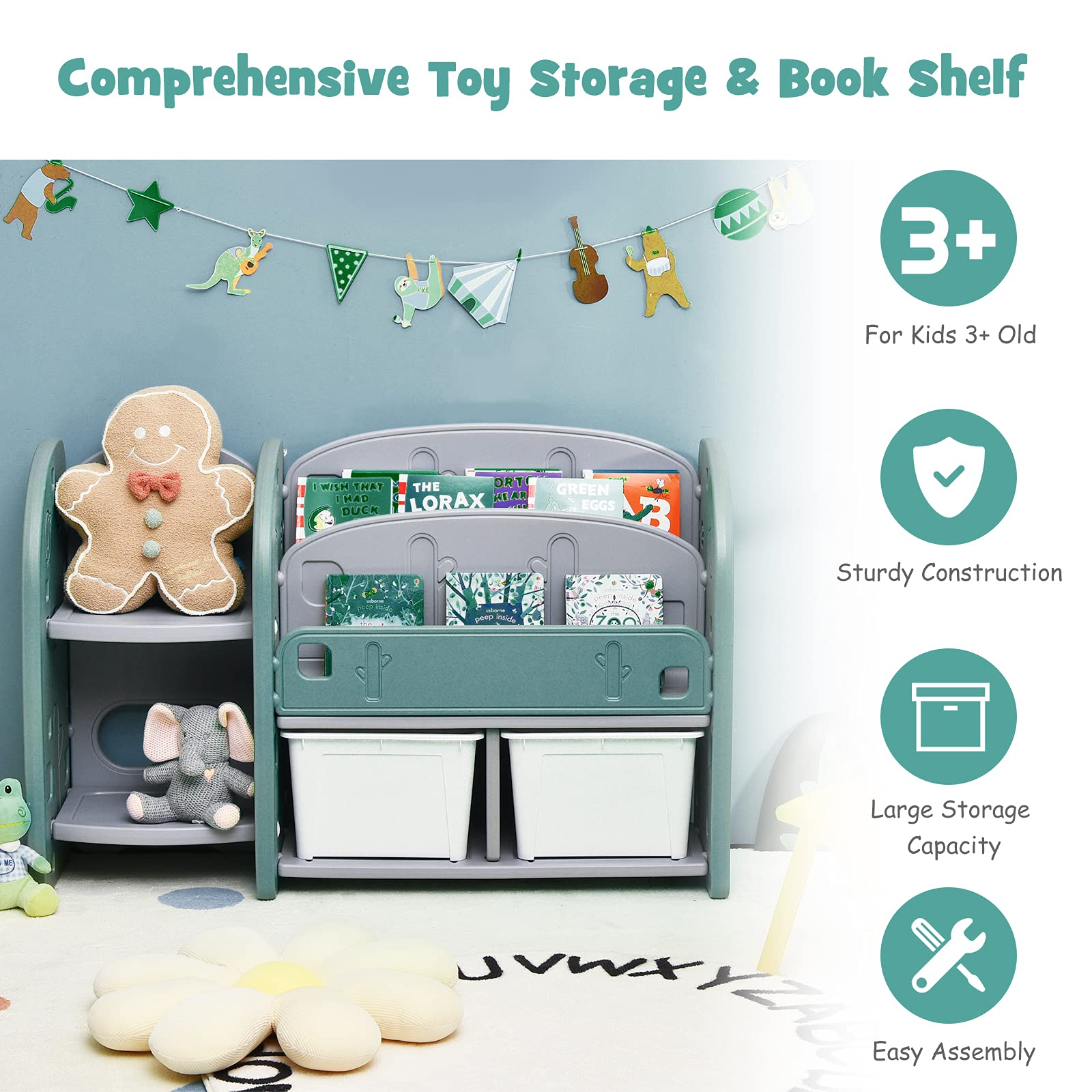 HOGEBABY Kids Toy Storage Organizer, Toddler Bookshelf Cabinet w/ 2-Tier Bookshelf - Image 6