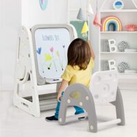 HOGEBABY Kids Art Easel with Stool, 2 in 1 Double-Sided Magnetic Dry Erase Board and Kids Book Rack with Foldable Desktop