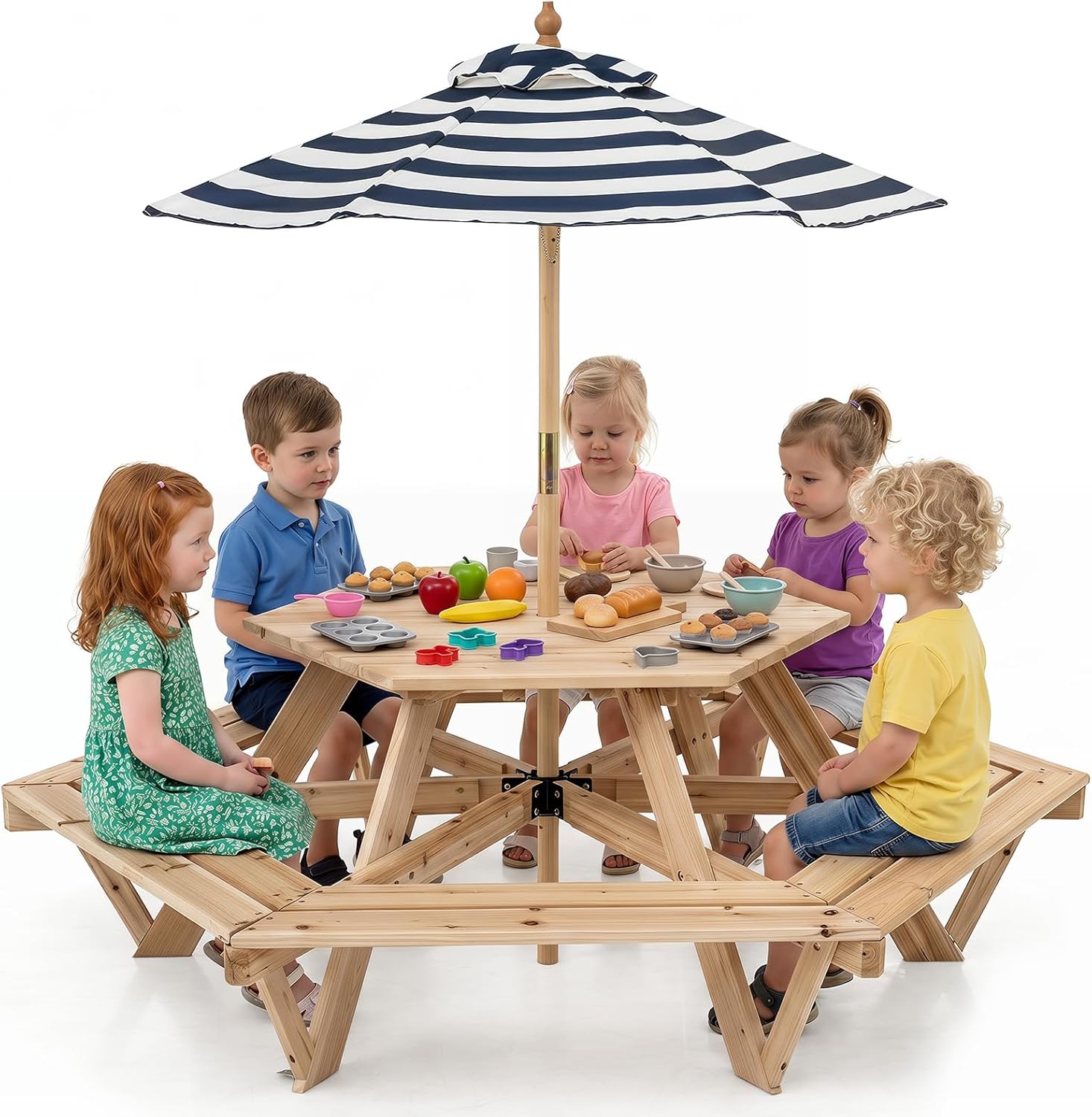 HOGEBABY Kids Picnic Table, Hexagonal Wooden Toddler Outdoor Table and Bench Set with Removable Umbrella