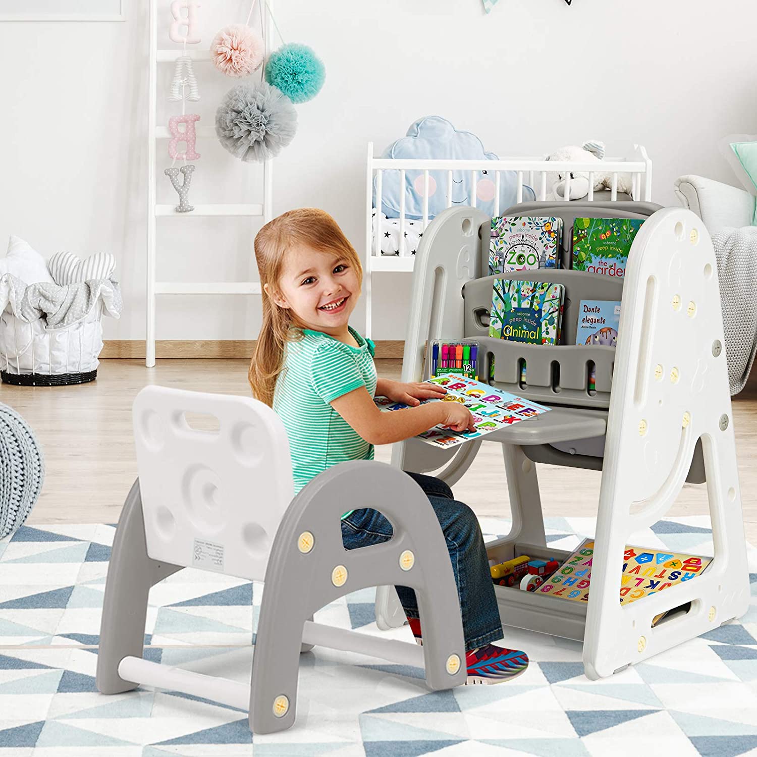 HOGEBABY Kids Art Easel with Stool, 2 in 1 Double-Sided Magnetic Dry Erase Board and Kids Book Rack with Foldable Desktop - Image 2