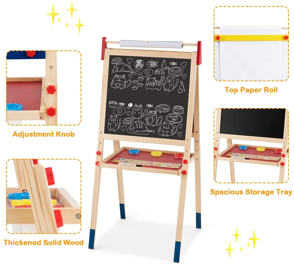 HOGEBABY 3 in 1 Kids Art Easel with Paper Roll, Double Sided Adjustable Chalkboard & White Dry Erase with 4 Drawing Board Clips - Image 6