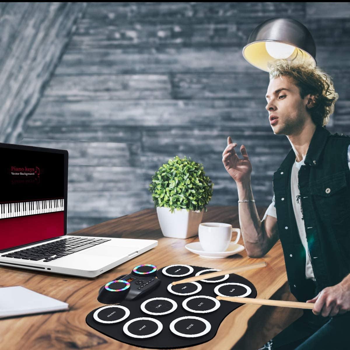 HOGEBABY 9 Pads Electronic Drum Set with LED Light, Portable Roll up MIDI Drum Practice Pad w/Bluetooth (Black) - Image 2