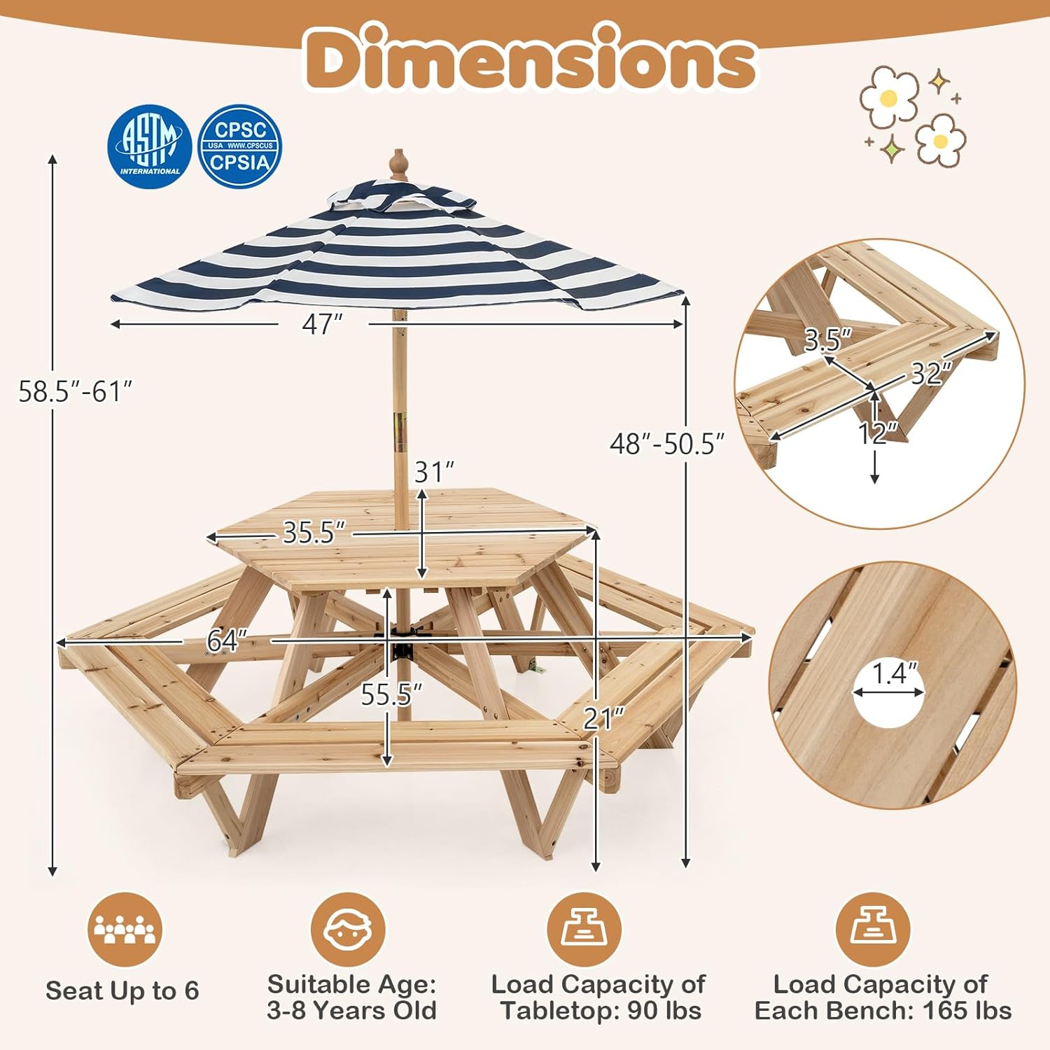 HOGEBABY Kids Picnic Table, Hexagonal Wooden Toddler Outdoor Table and Bench Set with Removable Umbrella - Image 2