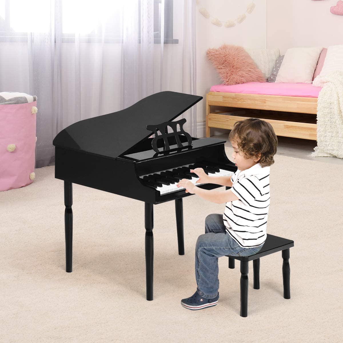 HOGEBABY Classical Kids Piano, 30 Keys Wood Toy Grand Piano with Music Stand and Bench - Image 2