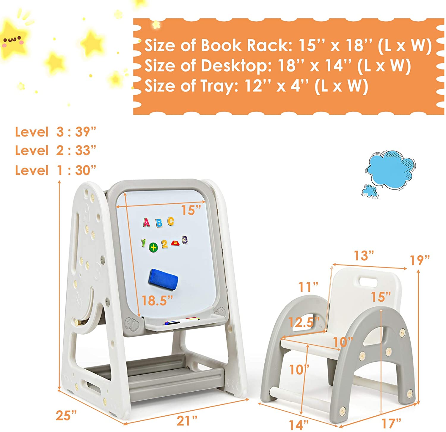 HOGEBABY Kids Art Easel with Stool, 2 in 1 Double-Sided Magnetic Dry Erase Board and Kids Book Rack with Foldable Desktop - Image 3