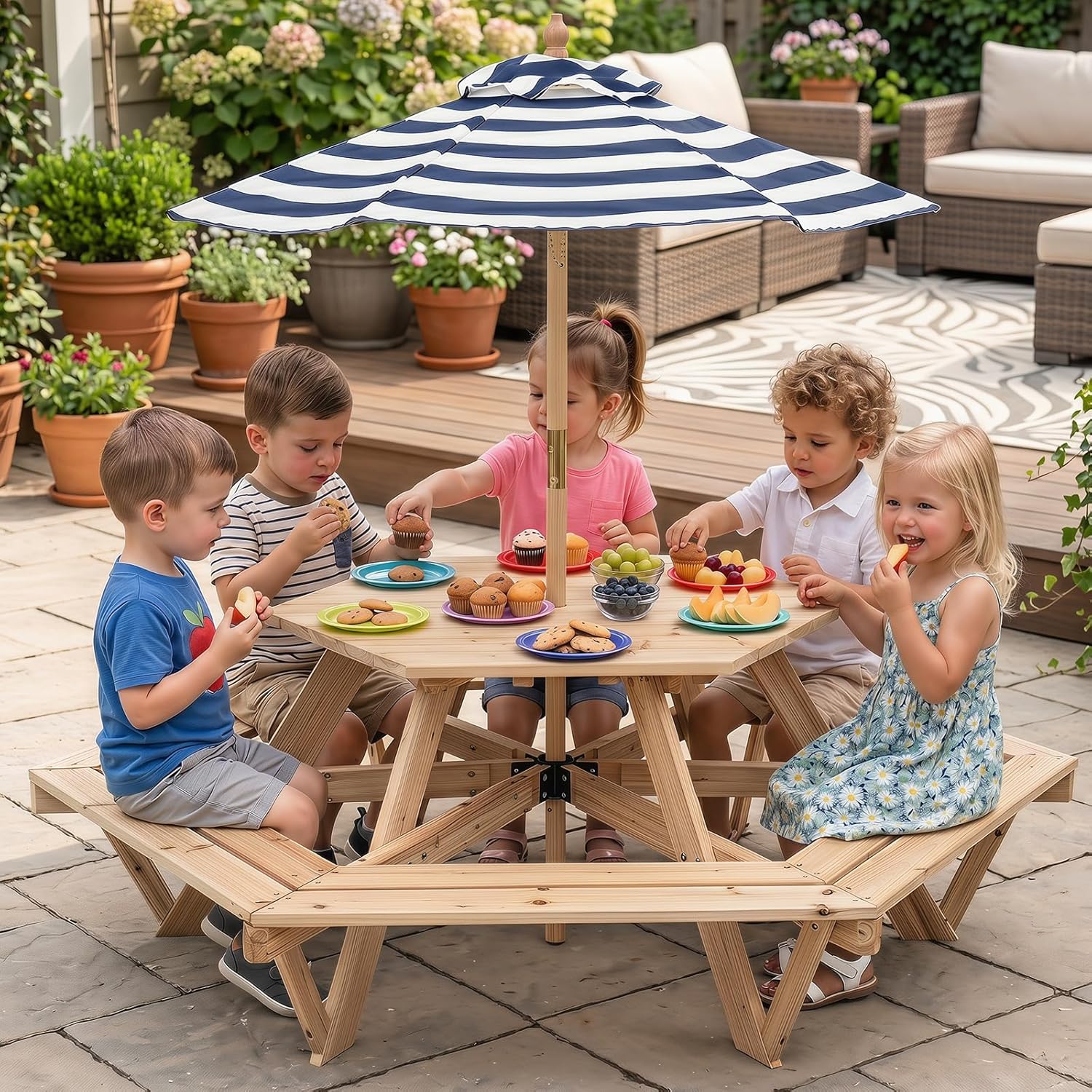 HOGEBABY Kids Picnic Table, Hexagonal Wooden Toddler Outdoor Table and Bench Set with Removable Umbrella - Image 6
