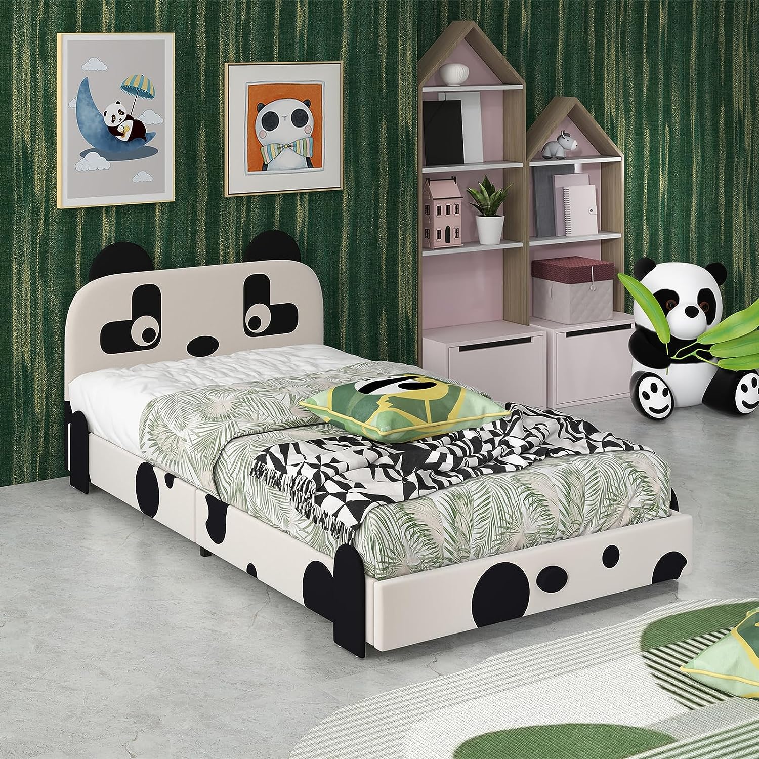 HOGEBABY Twin Bed Frames for Kids, Wood Upholstered Twin Bed Platform with Slat Support - Image 6