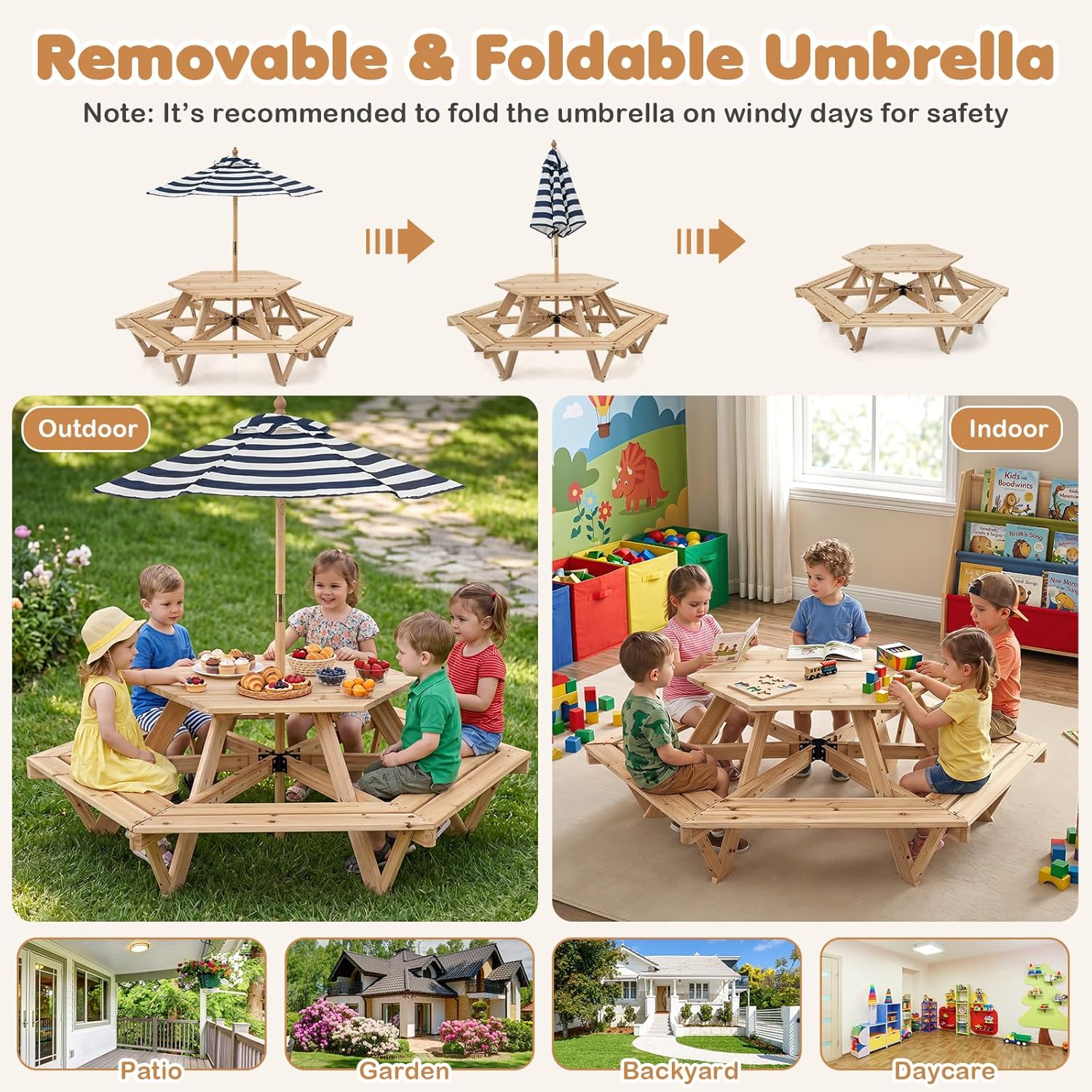 HOGEBABY Kids Picnic Table, Hexagonal Wooden Toddler Outdoor Table and Bench Set with Removable Umbrella - Image 9