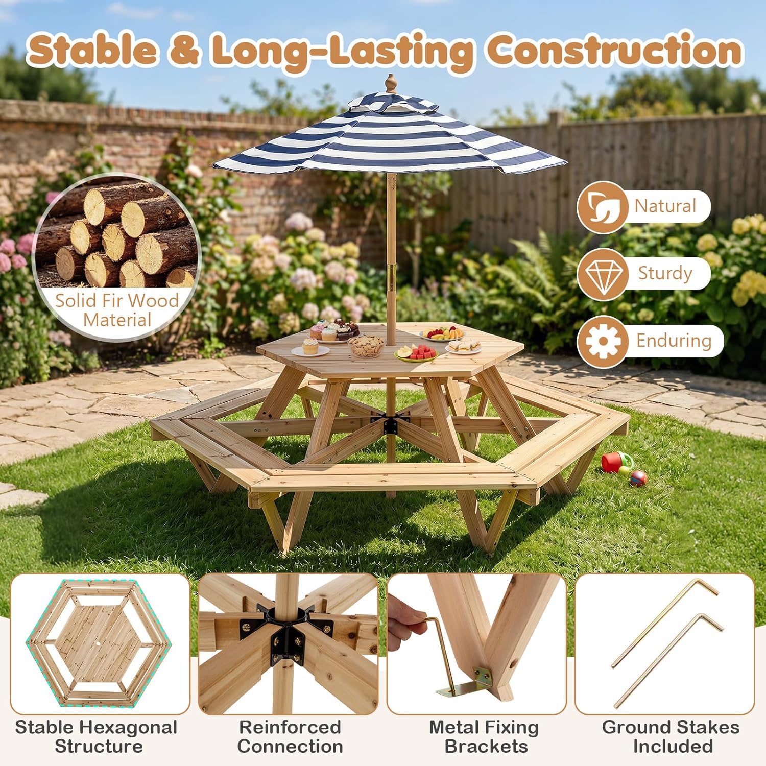 HOGEBABY Kids Picnic Table, Hexagonal Wooden Toddler Outdoor Table and Bench Set with Removable Umbrella - Image 3