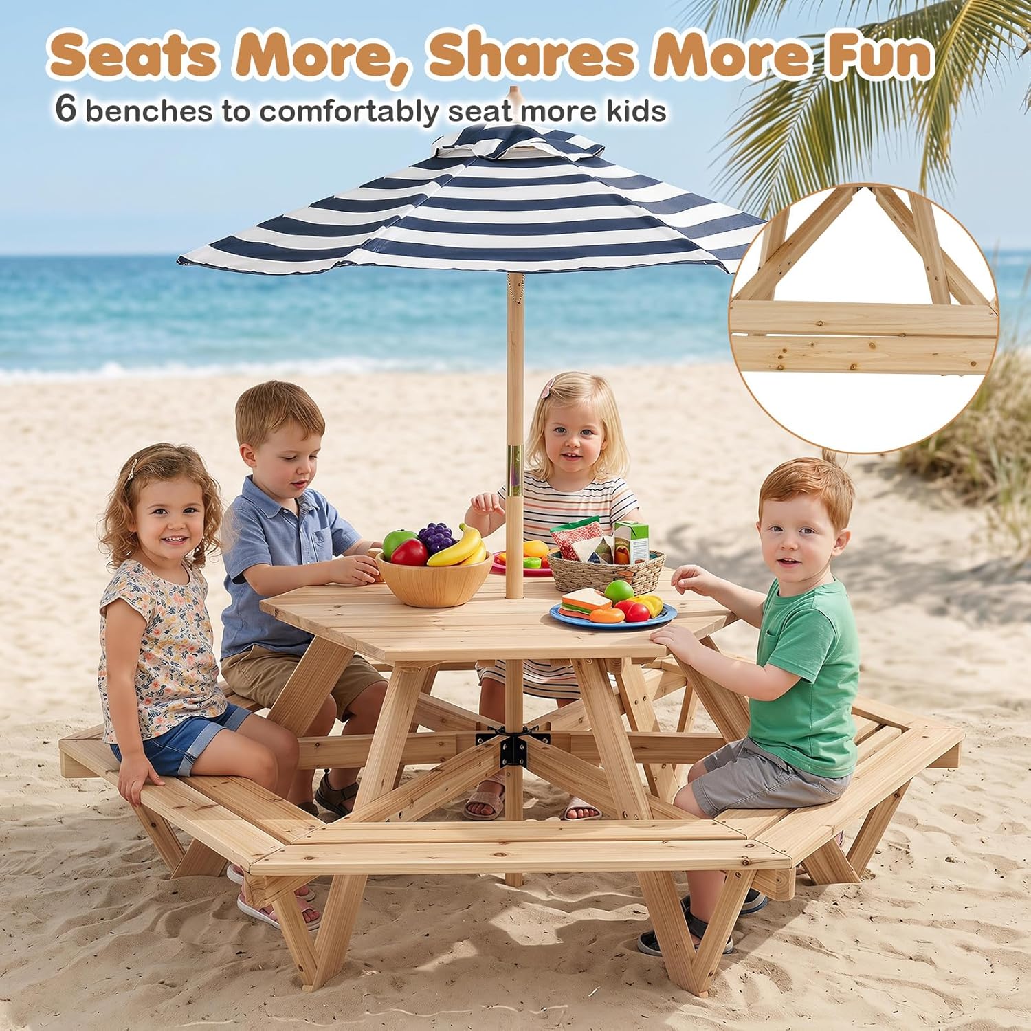 HOGEBABY Kids Picnic Table, Hexagonal Wooden Toddler Outdoor Table and Bench Set with Removable Umbrella - Image 7