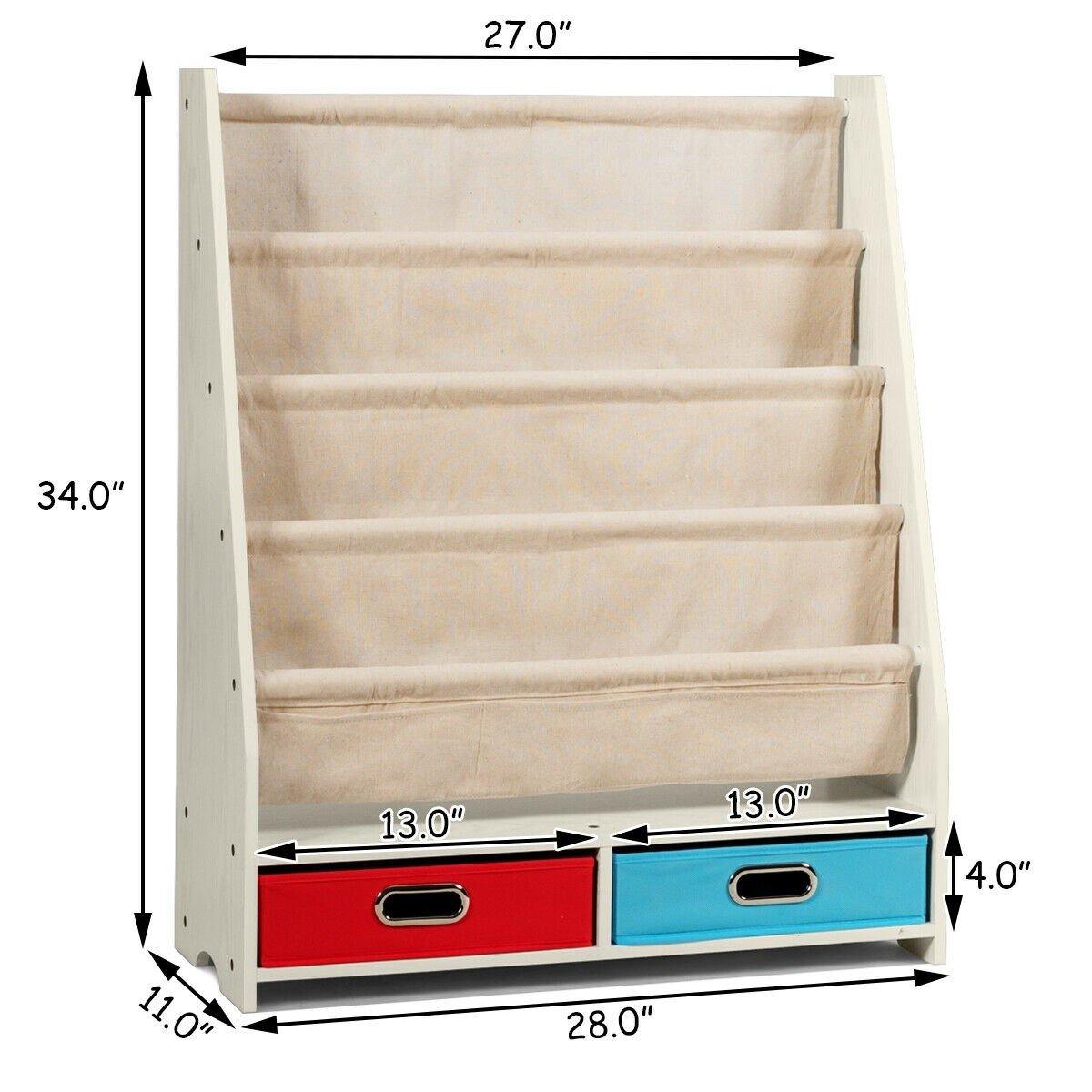 HOGEBABY Kids Bookshelf, Wooden 4 Sling Book Shelves with 2 Pull-Out Toy Storage Boxes - Image 8