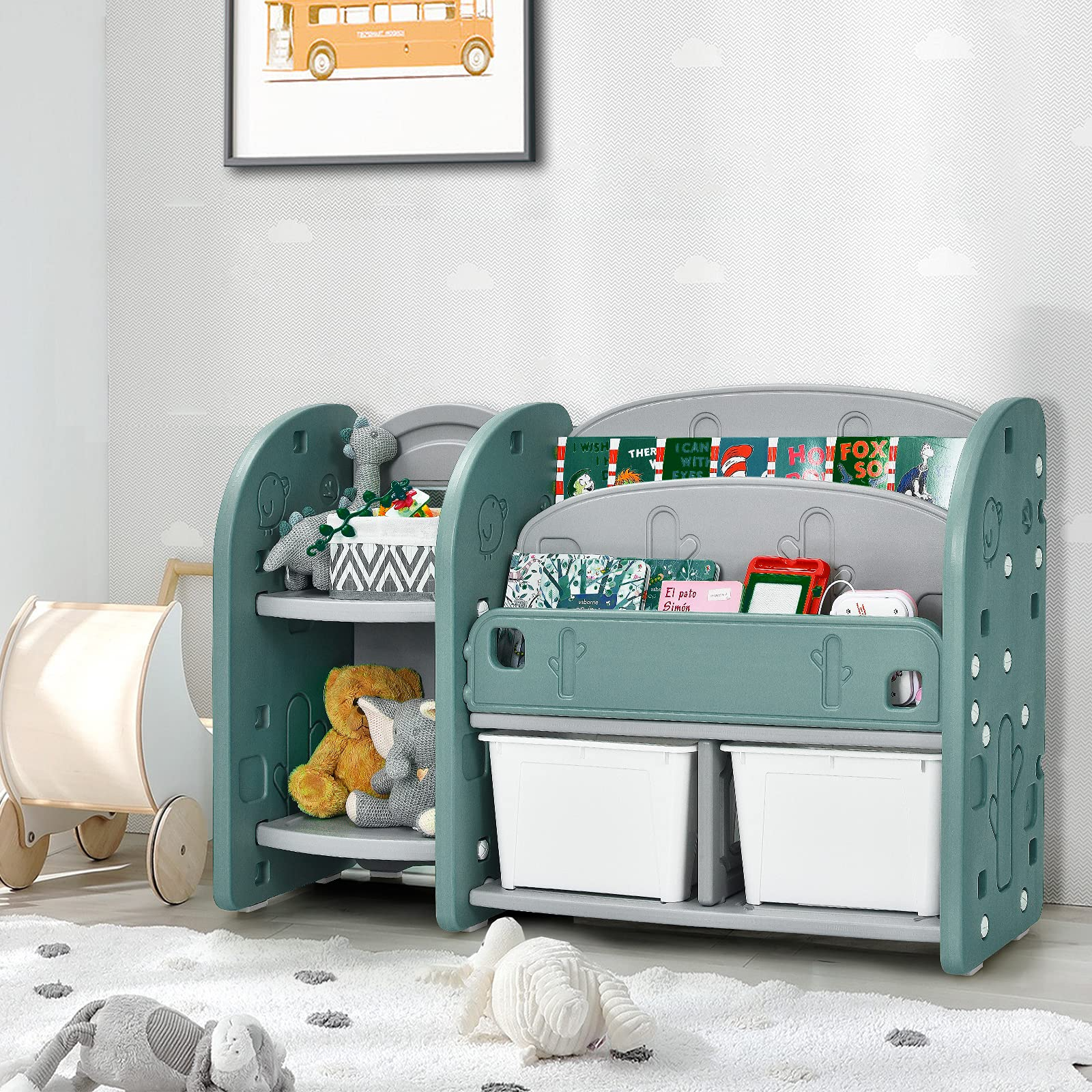 HOGEBABY Kids Toy Storage Organizer, Toddler Bookshelf Cabinet w/ 2-Tier Bookshelf - Image 8