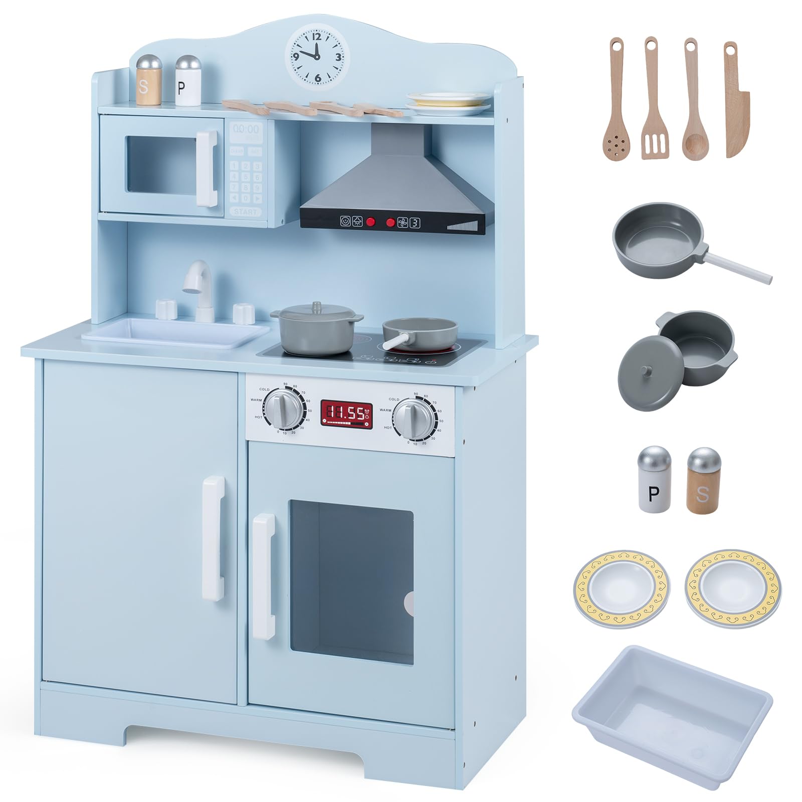 HOGEBABY Play Kitchen for Kids | Wooden Kitchen Playset w/Range Hood Cookware Accessories & Storage - Image 10