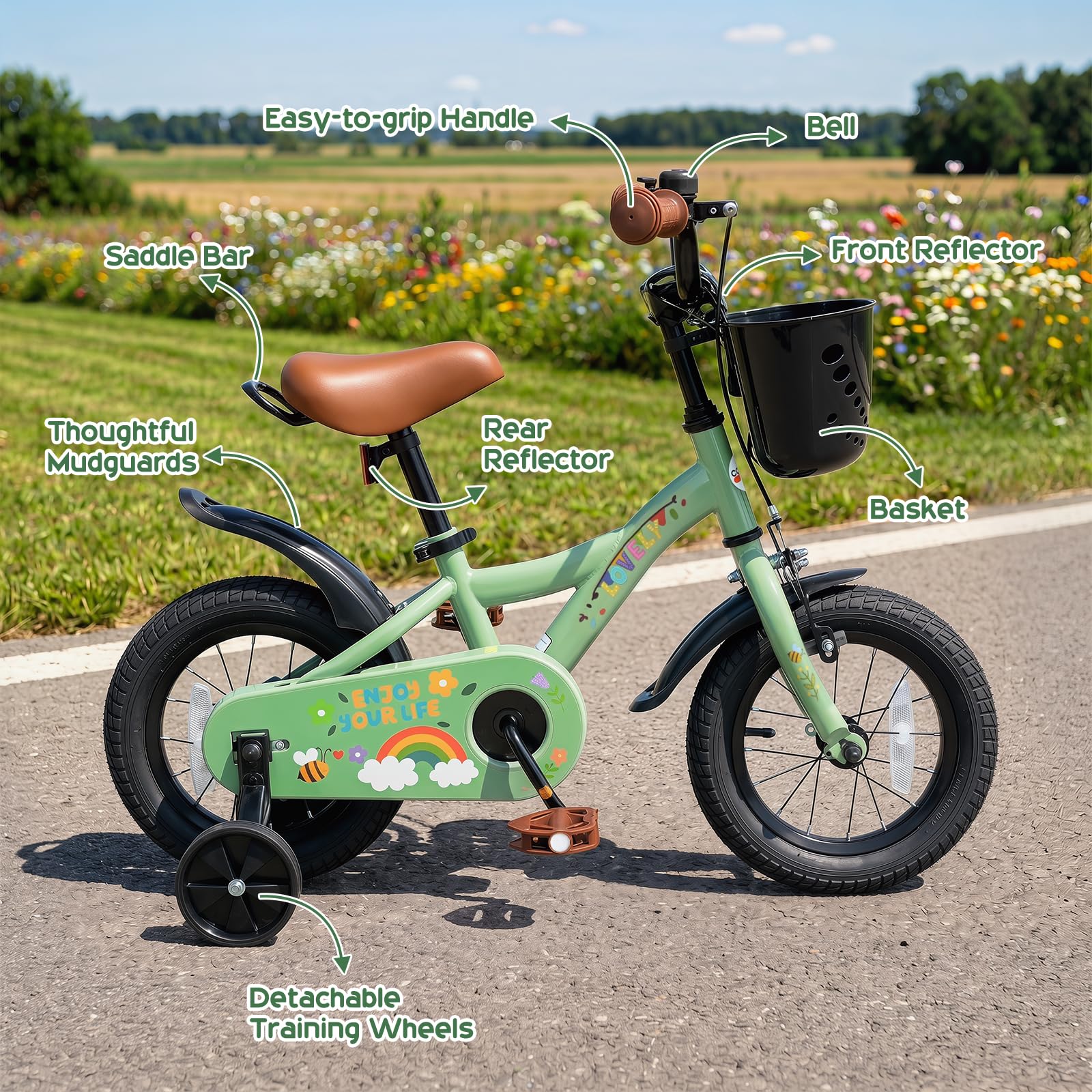 HOGEBABY 12 14 16 18 Inches Girls Boys Bike for 3-8 Years Old w/Training Wheels & Dual Brake - Image 16