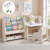 HOGEBABY Toddler Table and Chair Set | Art Desk Set w/Side Bookshelves