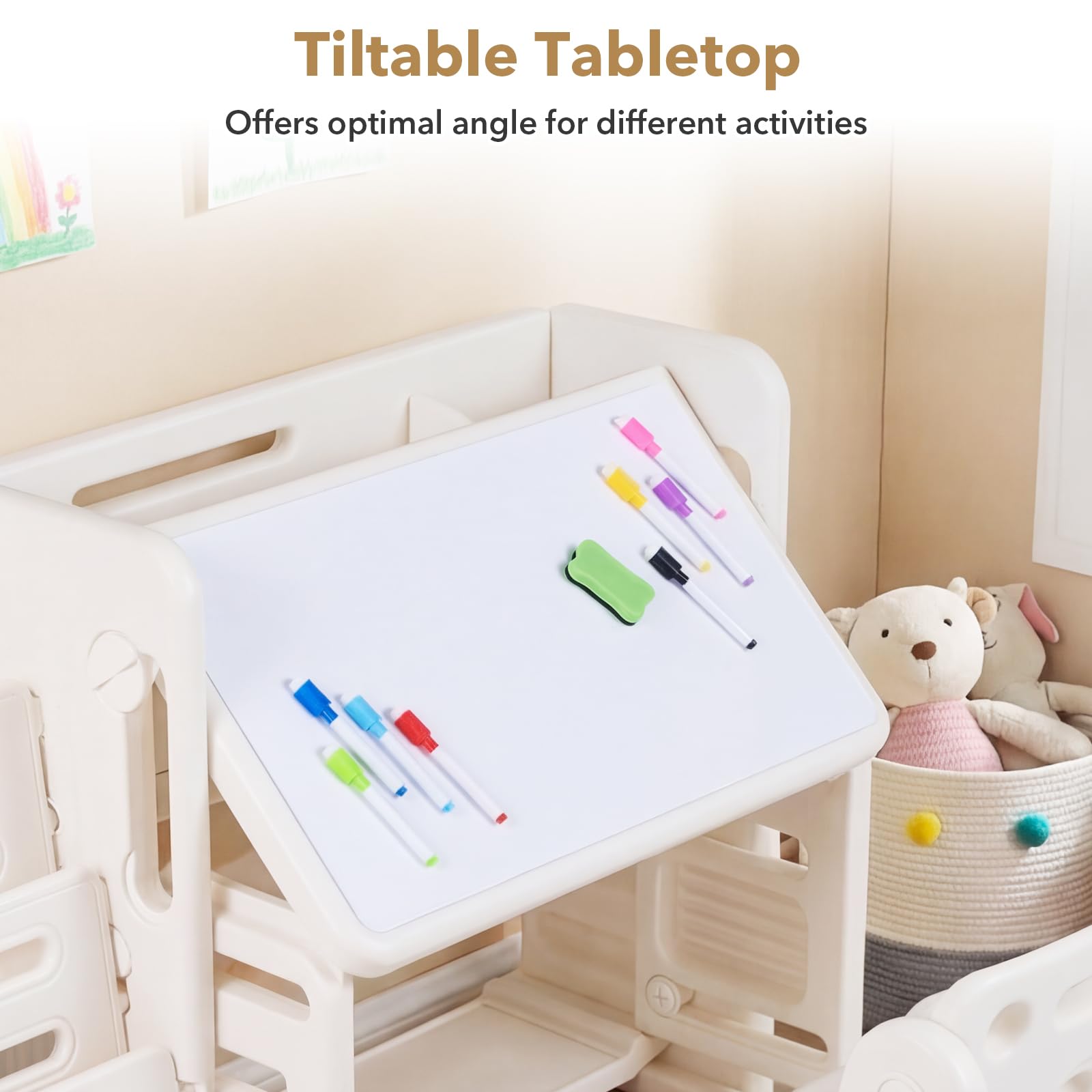 HOGEBABY Toddler Table and Chair Set | Art Desk Set w/Side Bookshelves - Image 5