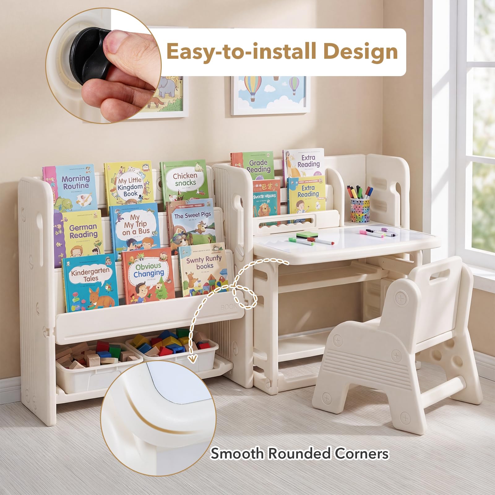 HOGEBABY Toddler Table and Chair Set | Art Desk Set w/Side Bookshelves - Image 8